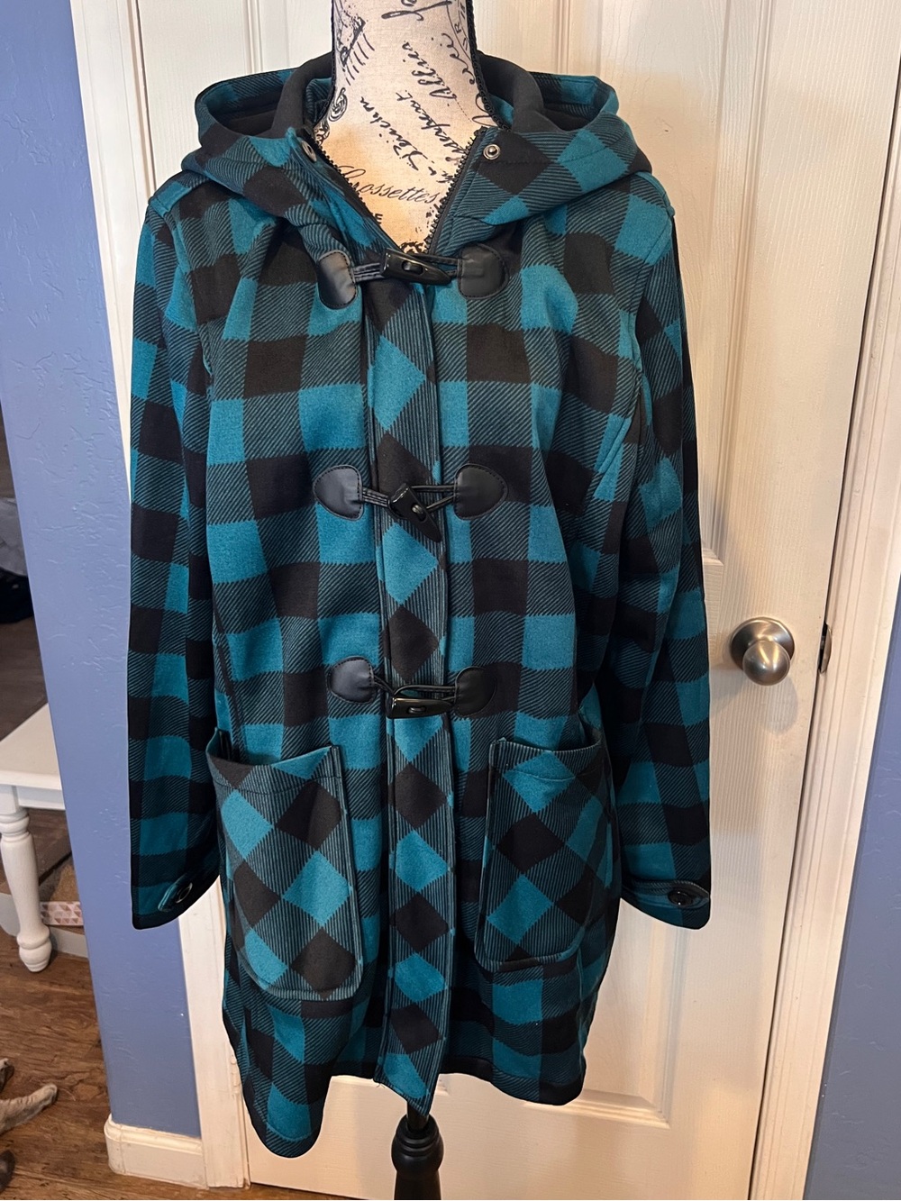 BIG CHILL Women's XL Teal Blue & Black Buffalo Plaid Fleece Hooded Toggle Coat